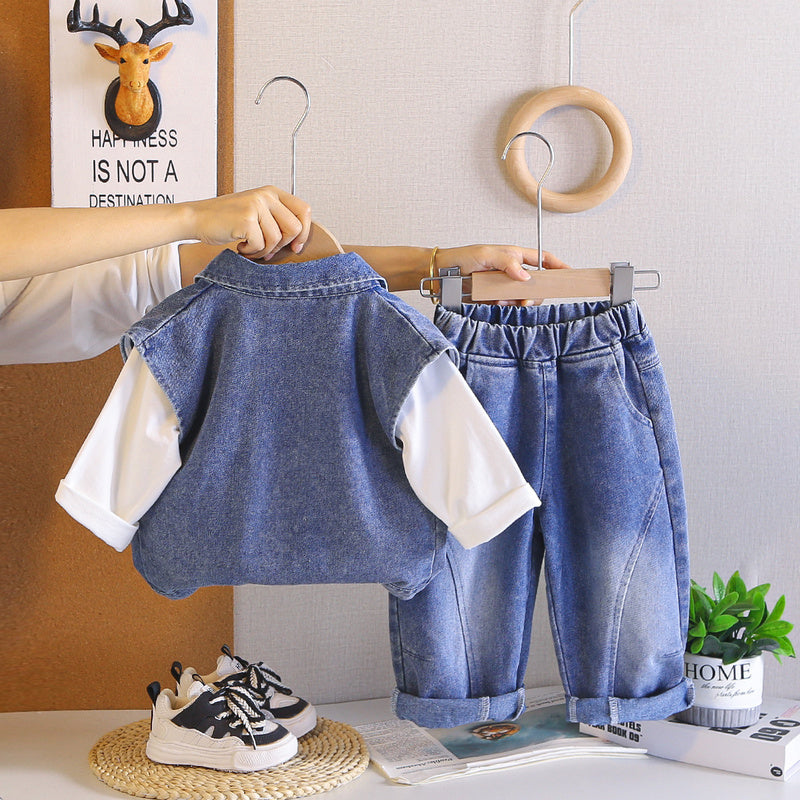Boys' Outfit 2026 New Children's Double Pocket Denim Vest Three-Piece Set Baby Spring and Autumn Casual Wear