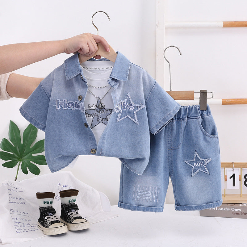 Boys' Summer Outfit 2026 New Fashionable Children's Star Denim Short Sleeve Shorts Three-Piece Set Baby Casual Trendy