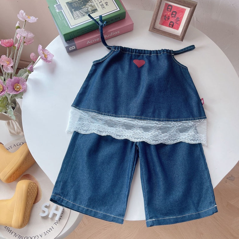 Girls' outfit new stylish toddler baby drawstring suspender denim shorts two-piece thin summer set