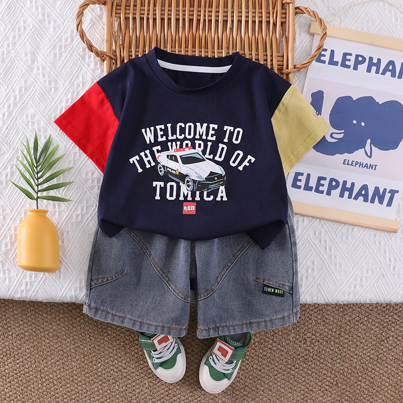 Boys' Cartoon Car Short Sleeve Set 2026 New Style for 1-4 Year Olds, Stylish Baby Korean Version Summer Outfit
