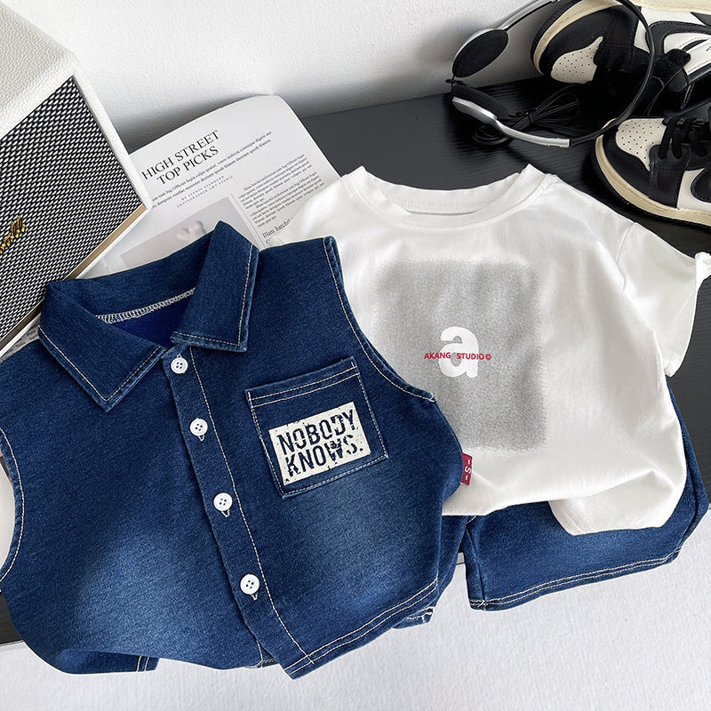 Boys' Outfit Baby Summer Set for 1-2-3-5 Year Old Boys, English Denim Vest Three-Piece Trendy Children's Clothing