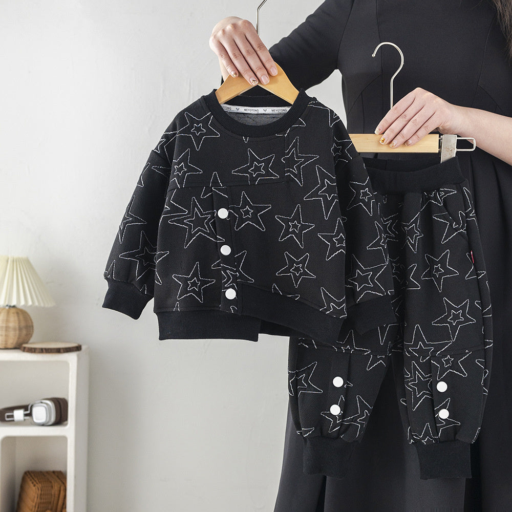 Boys' Outfit 2025 New Baby Children's Spring and Autumn Stylish Kids' Jacquard Round Neck Two-Piece Set