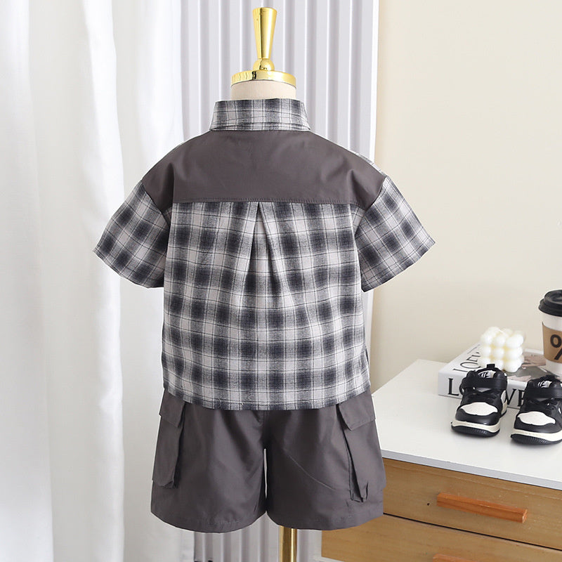 Boys' Outfit 2026 New Fashionable Patchwork Plaid Two-Piece Set Baby Summer Short-Sleeve Infant Clothes Trendy