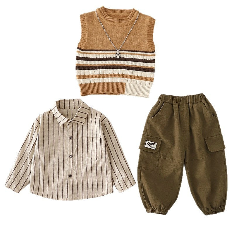 Boys' outfit stylish baby striped color-block sweater three-piece set, infant children's spring and autumn trendy clothing