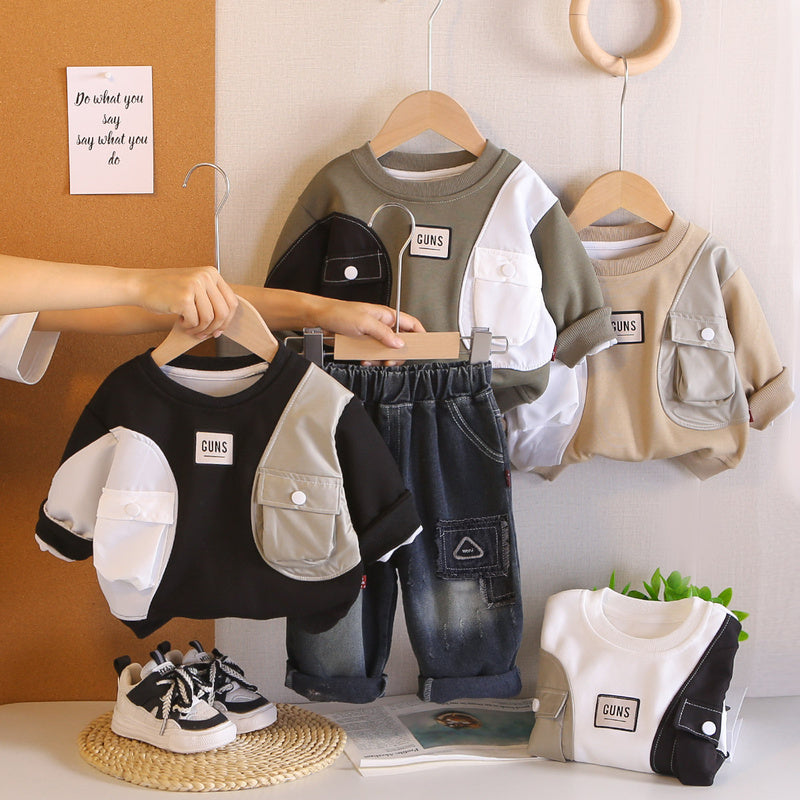 Boys' Outfit Children's Two-Color Pocket Sweatshirt 2026 New Style 1 to 3 Years Old Baby Spring and Autumn Two-Piece Set for Boys