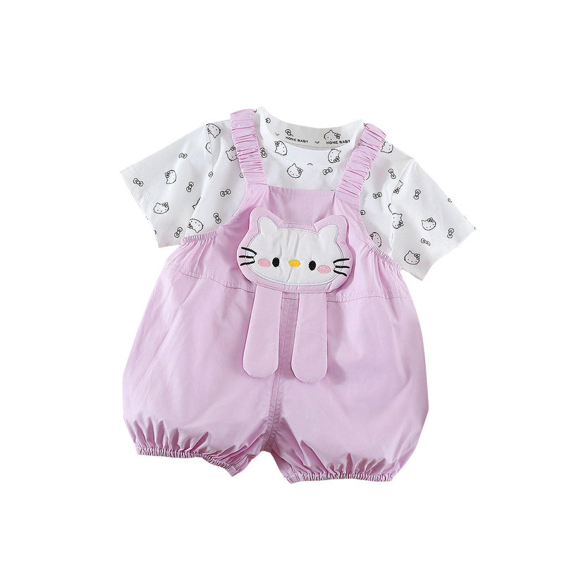 Children's Short-Sleeve 2026 New Summer Cartoon Kitten Overalls and Shorts Two-Piece Set for Girls