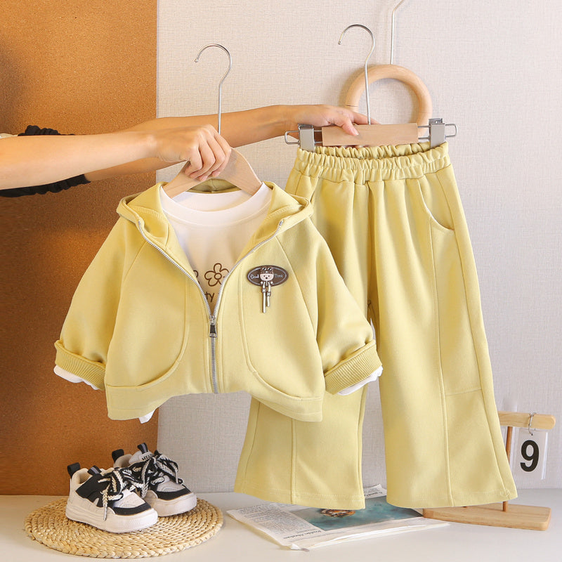 Girls' and Autumn Zipper Hoodie Three-Piece Set Infant Casual Outfit 1-4 Years Old Baby Spring Clothes Stylish for Babies