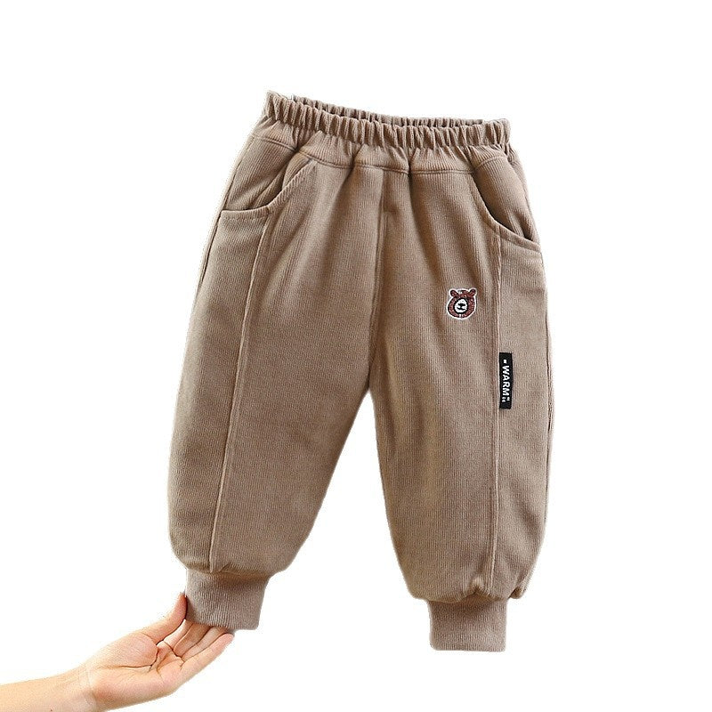 Side Label Bear Head Cotton Thickened Baby One-Piece Boys' Winter Quilted Casual Pants Trendy