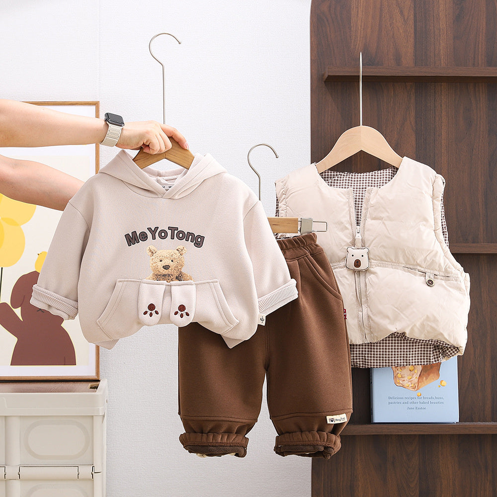 Boys' Fleece-Lined Thickened Bear Pendant Three-Piece Stylish Baby Vest Toddler Winter Outfit Set