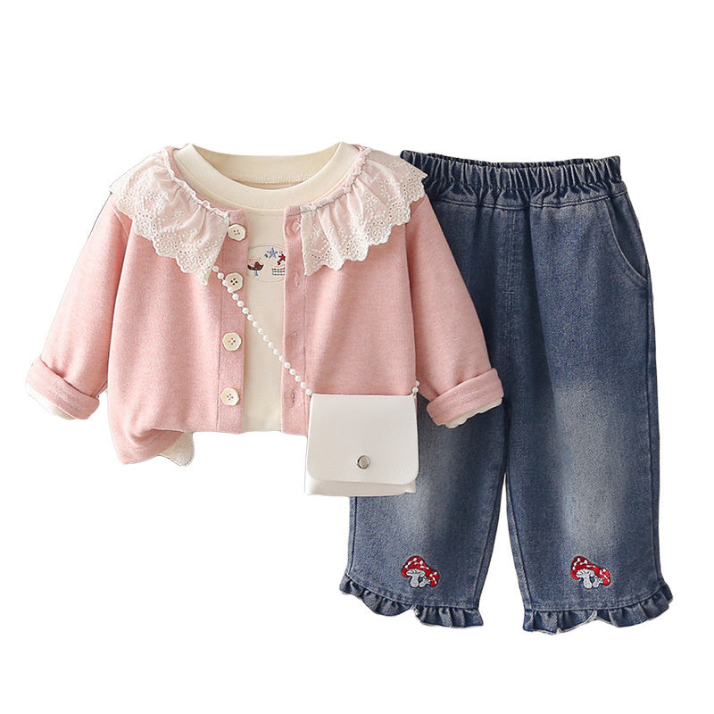2026 Spring New Korean Style Outfit Girls, Autumn Fashion Three-Piece Set with Ruffle Collar and Mushroom Design for Toddlers