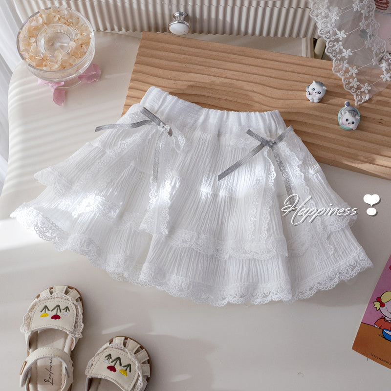 Children's Summer Outfit Girls' Short Sleeve T-Shirt Round Neck Top Lace Cake Skirt Stylish Kids' Two-Piece Set