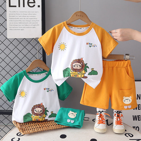 Boys' Round Neck Short Sleeve 2026 New Children's Summer Outfit Baby Cartoon Sun Color Block Two-Piece Trendy Set