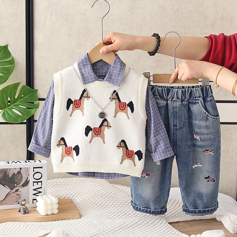 Baby Boy Outfit Set 2026 New Cartoon Pony Three-Piece Suit for Boys, Stylish Spring and Autumn Children's Clothing