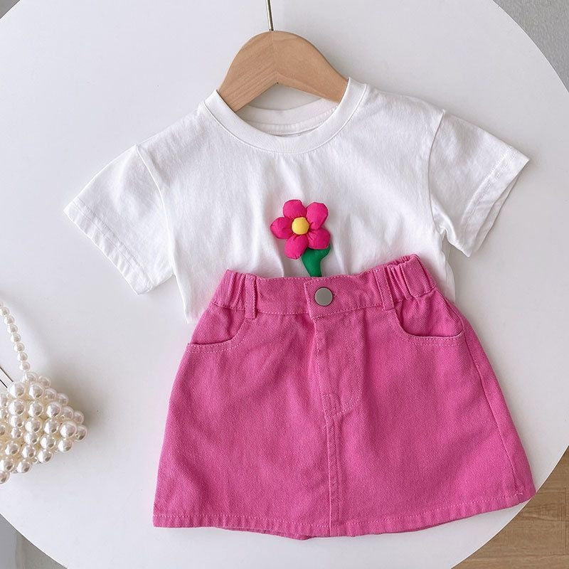 Summer girls' three-dimensional flower white T-shirt and rose red skirt set, stylish baby short-sleeve two-piece outfit for girls