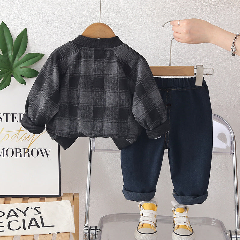 Boys' Outfit 2026 New Style Baby Boy Spring and Autumn Plaid Stand Collar Jacket Two-Piece Set Trendy
