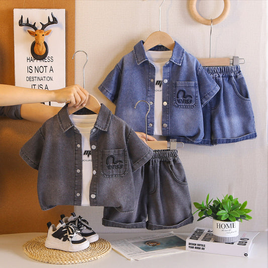 Boys' Summer Casual 2026 New Korean Style Children's Heart-Shaped Denim Cardigan Short-Sleeve Three-Piece Set