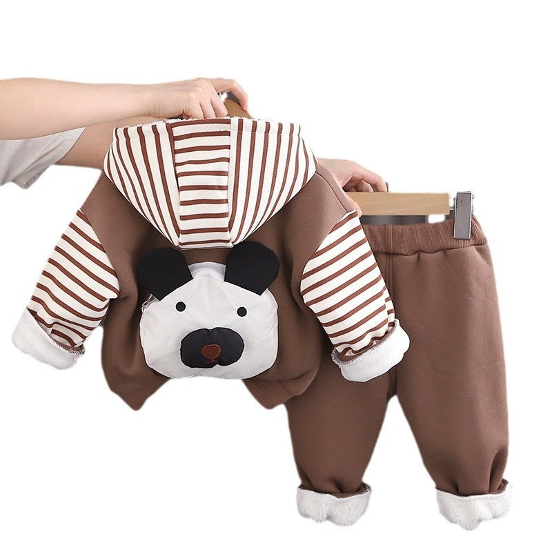 Boys' Autumn and Fleece-Lined Bag Dog Three-Piece Set New Baby Winter Warm Outfit Stylish Clothes Trendy Children's Clothing