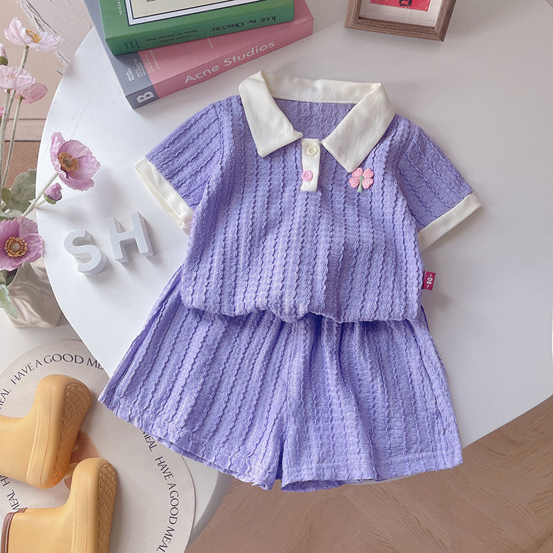 Girls' stylish solid color jacquard suit, summer wear 2026 new model, fashionable casual two-piece set for baby girls