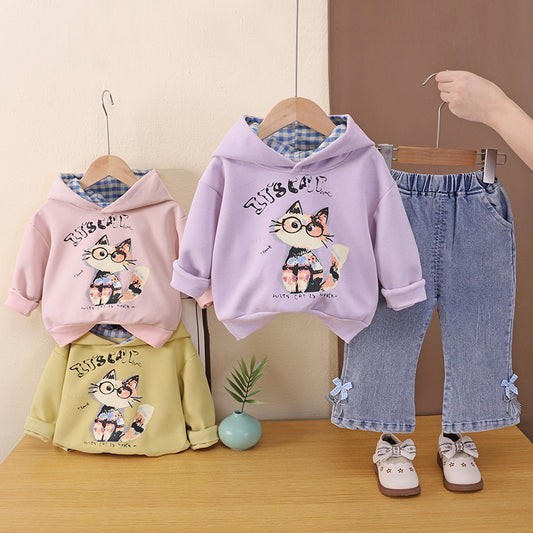 Children's Autumn Outfit 2026 New Spring-Autumn Set: Cat Print Sweatshirt and Jeans, Stylish Two-Piece Set for Girls