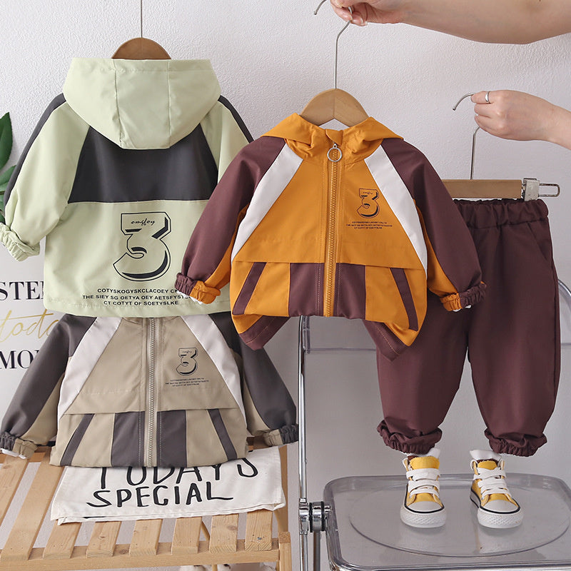 Boys' Spring and Outfit 2026 New Fashionable Children's Color-Block Jacket Two-Piece Set Baby Autumn Sports Trend Wholesale