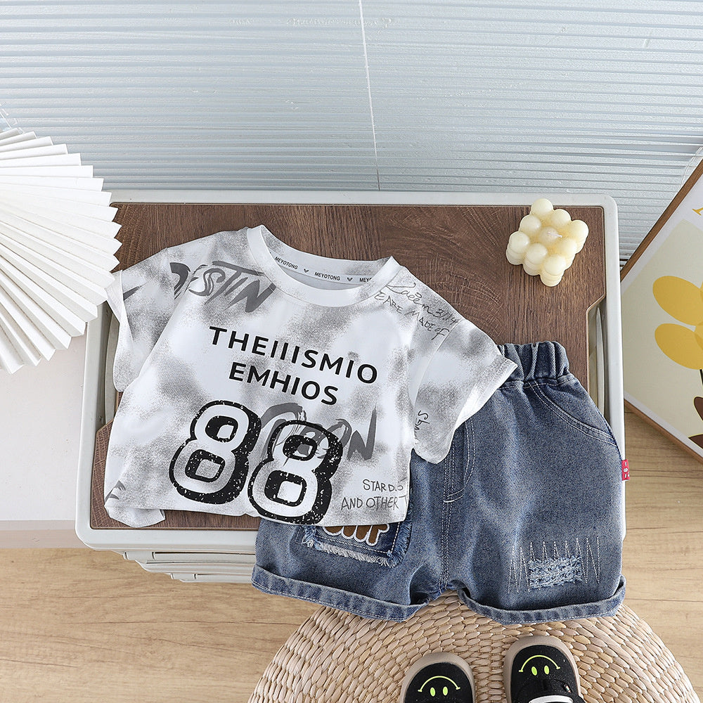 Boys' Outfit 2026 New Style Infant Children's Clothing Summer Cute Tie-Dye Digital Pattern Clothes for Baby Boys Trendy