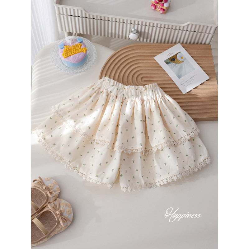 Girls' Floral Shorts Korean Style Lace Trim Casual 2026 New Baby Hot Summer Skirt Pants