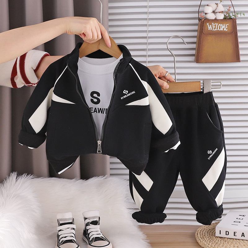 Spring and Autumn Jacket Set, Children's Sports Stand-up Collar Three-piece Set for 1-2-3 Year Old Baby, Casual Boys' Clothing