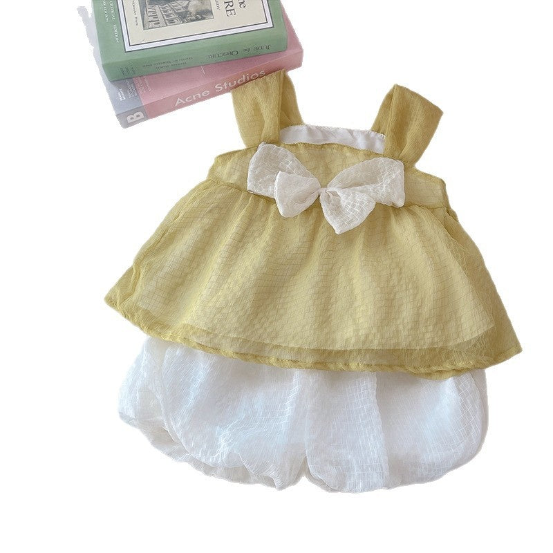 2026 Girls' Strap Dress with Big Bow and Tulle Skirt Set, Korean Style Casual Cute Summer Outfit, New Two-Piece Trendy Set
