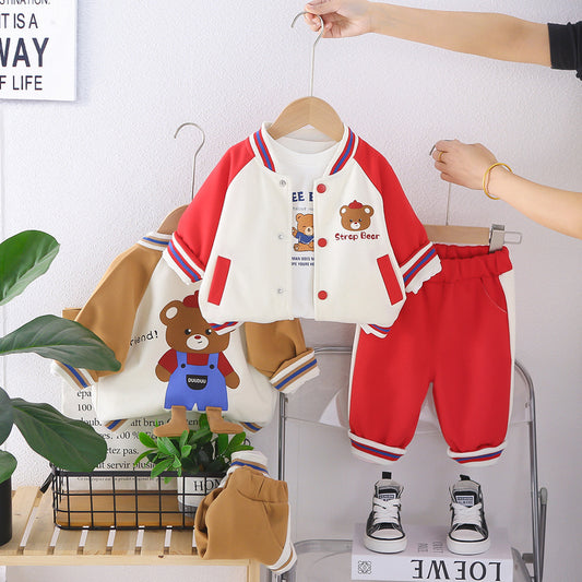 Outfit 2026 New Bear Baseball Suit Baby Cartoon Three-Piece Set Boys' Casual Spring and Autumn Fashionable Children's Clothing