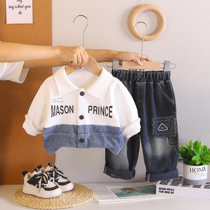 Children's clothing boys' suit baby outfit new style toddler spring and autumn stylish patchwork jacket two-piece set Korean fashion