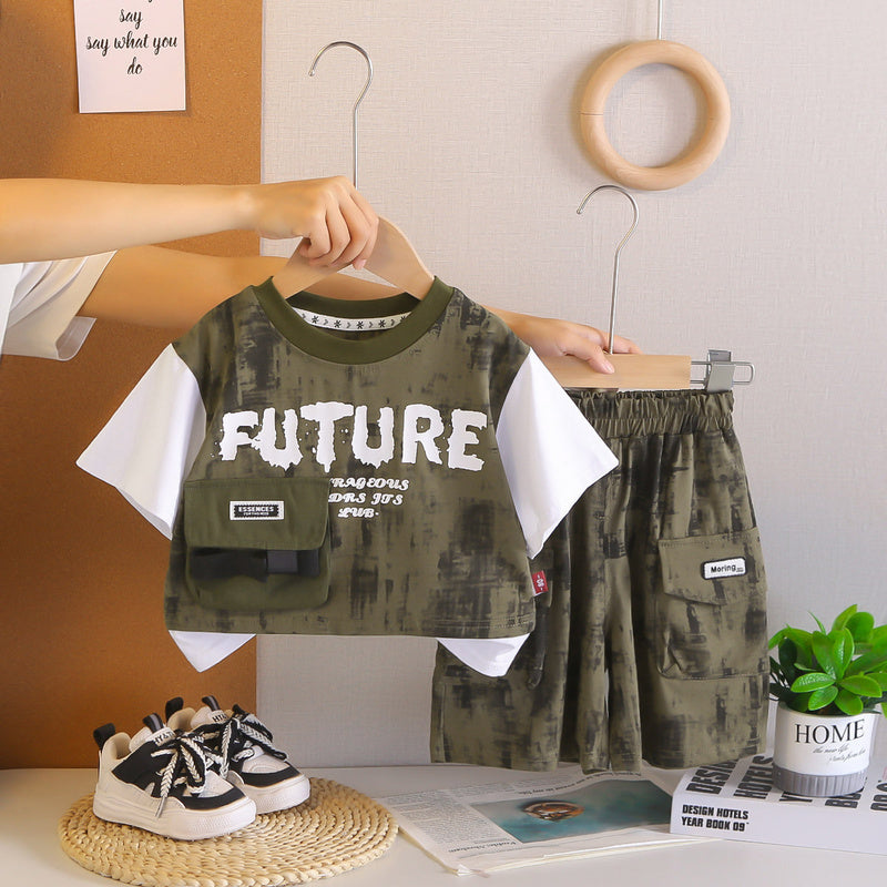 Baby clothes summer children's two-piece outfit stylish camouflage pocket cargo short-sleeve set for one-year-old boy