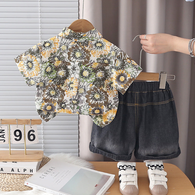 Three-Piece Suit 2026 New Style Boys' Floral Short-Sleeve Outfit Stylish Baby Summer Clothing