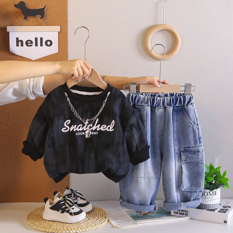 Boys' Autumn Outfit Round Neck Shirt 2026 New Fashionable Baby Spring/Autumn Necklace Letter Sweatshirt Two-Piece Set Trendy