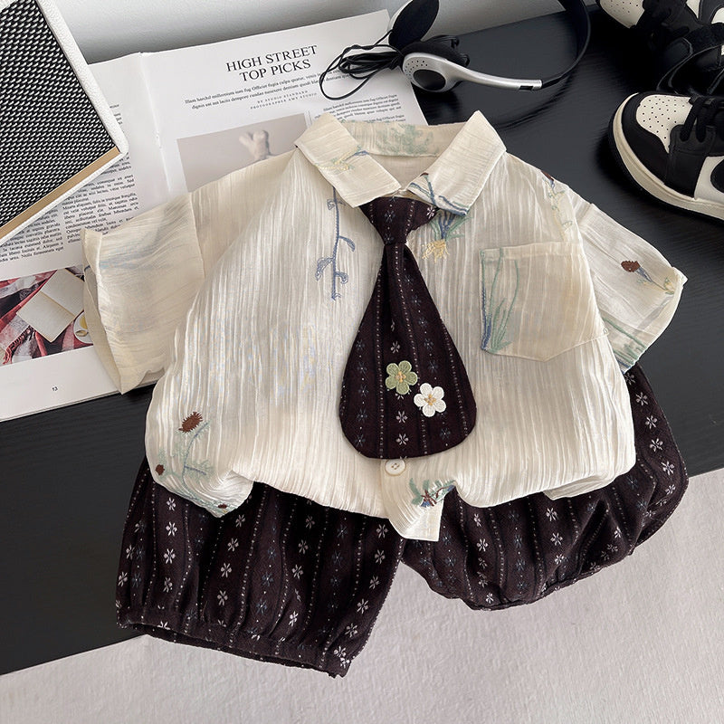 Boys' Outfit with Two Small Flower Ties Shirt Set 2026 New Short Sleeve 1-3 Year Old Baby Summer Clothes Trendy