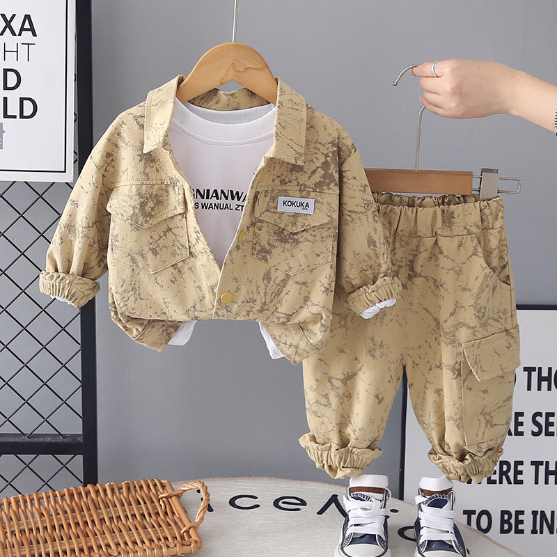 Boys' Spring Tie-Dye Workwear Three-Piece Set 2026 New Fashionable Spring-Autumn Stylish Baby Outfit for Young Children