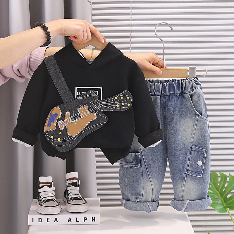 Boys' Spring and Autumn 2026 New Stylish 3 Children's Long Sleeve Patch Guitar Two-Piece Set Baby Clothes for 1-Year-Old Boys
