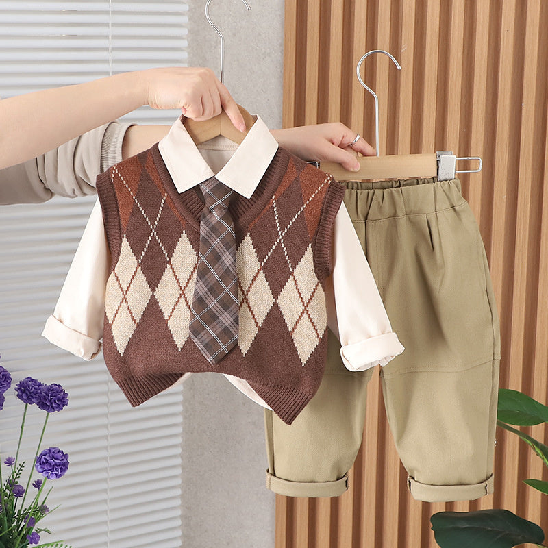 Boys' Suit Spring 2024 New Stylish Baby Long Sleeve Diamond Pattern Tie Sweater Vest Three-Piece Set Toddler Trendy