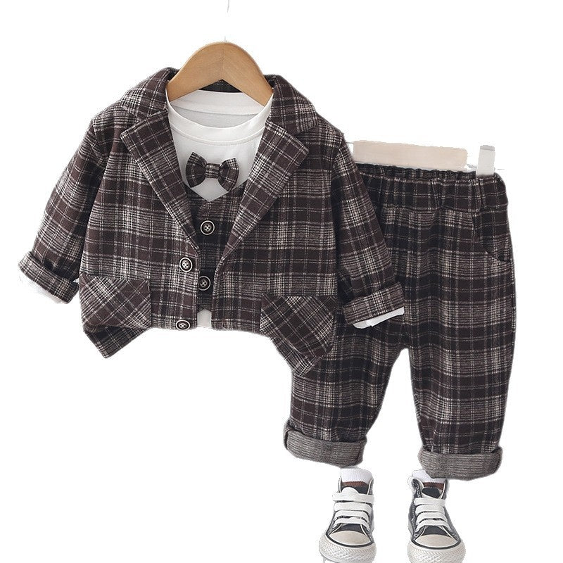 Baby Boy Spring and Autumn Stylish 3-Piece Children's Clothing Set: Infant Plaid Vest Suit for 1-Year-Old Boys