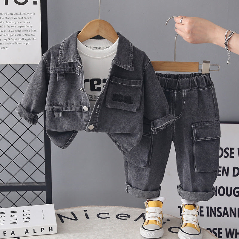 Boys' Baby Letter Embossed Pocket Denim Three-Piece Set 2026 New Stylish Autumn Outfit for Children Wholesale