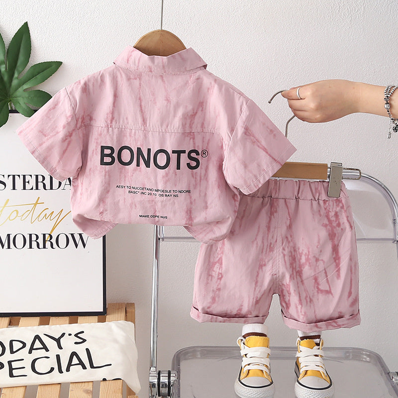 Boys' Summer Outfit 2026 New Korean Style Children's Thin Letter Print Shirt Short Sleeve Shorts Two-Piece Set Trendy