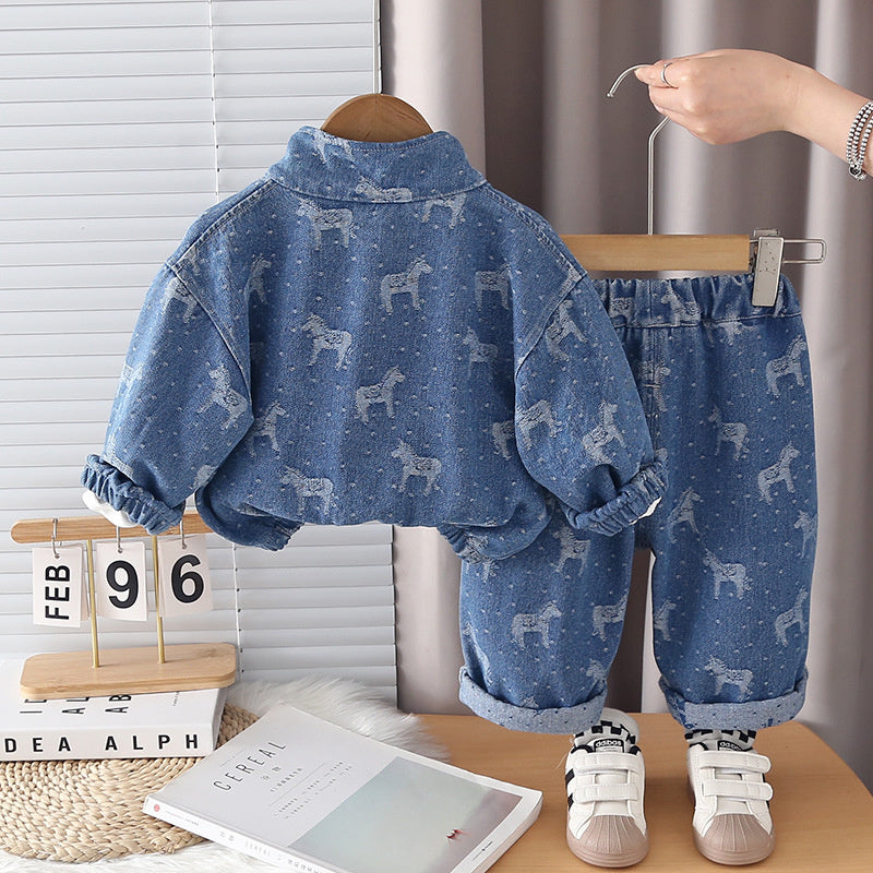 Boys' Outfit 2026 New Fashionable Children's Full-Print Pony Denim Three-Piece Set for Baby Spring and Autumn Casual Wear