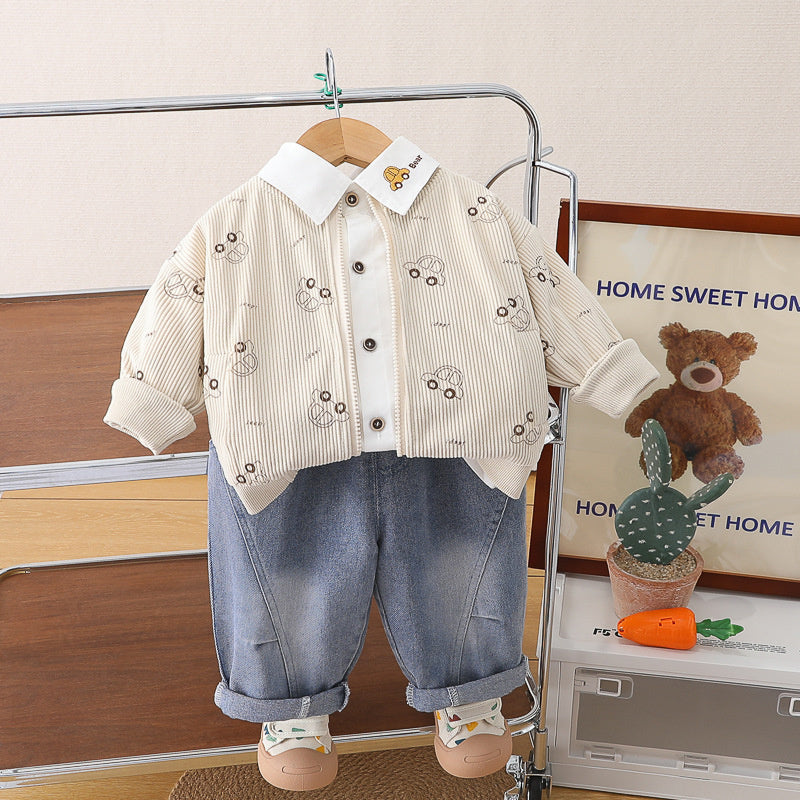 Boys' Outfit 2026 New Trendy Baby Spring and Autumn Stylish Car Jacket Three-Piece Set Infant Children's Clothing