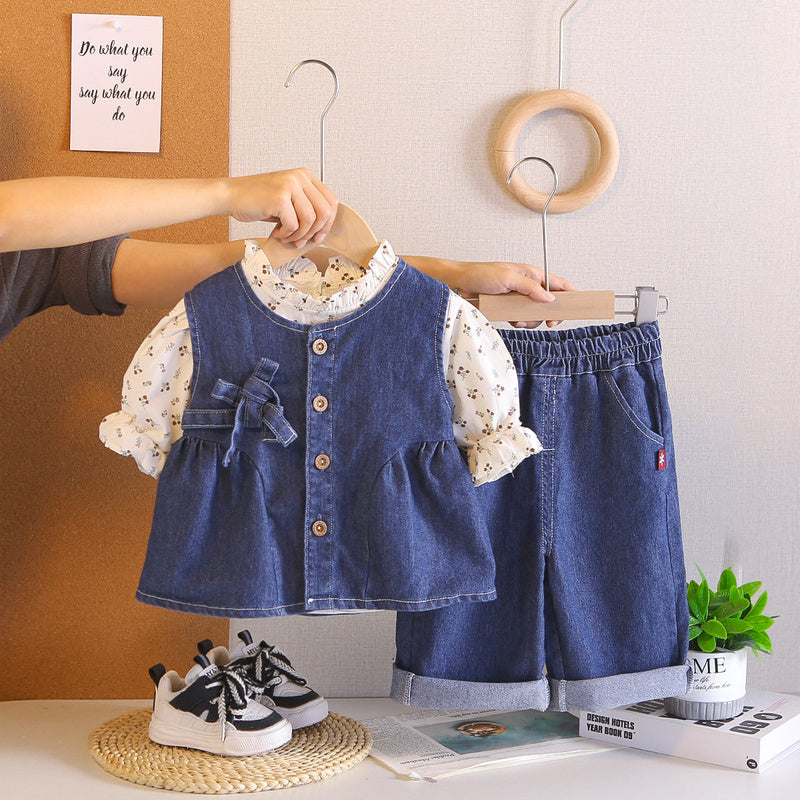 Girls' Floral Denim Spring and Autumn Vest Set 2026 Baby Stylish New Fashionable Children's Three-Piece Trendy Outfit