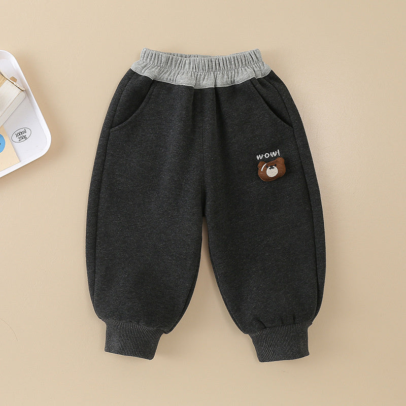 Baby Fleece-Lined Big Mouth Bear Autumn Winter Style Outerwear Boys Toddler Sweatpants Children's Sports Infant Long Pants