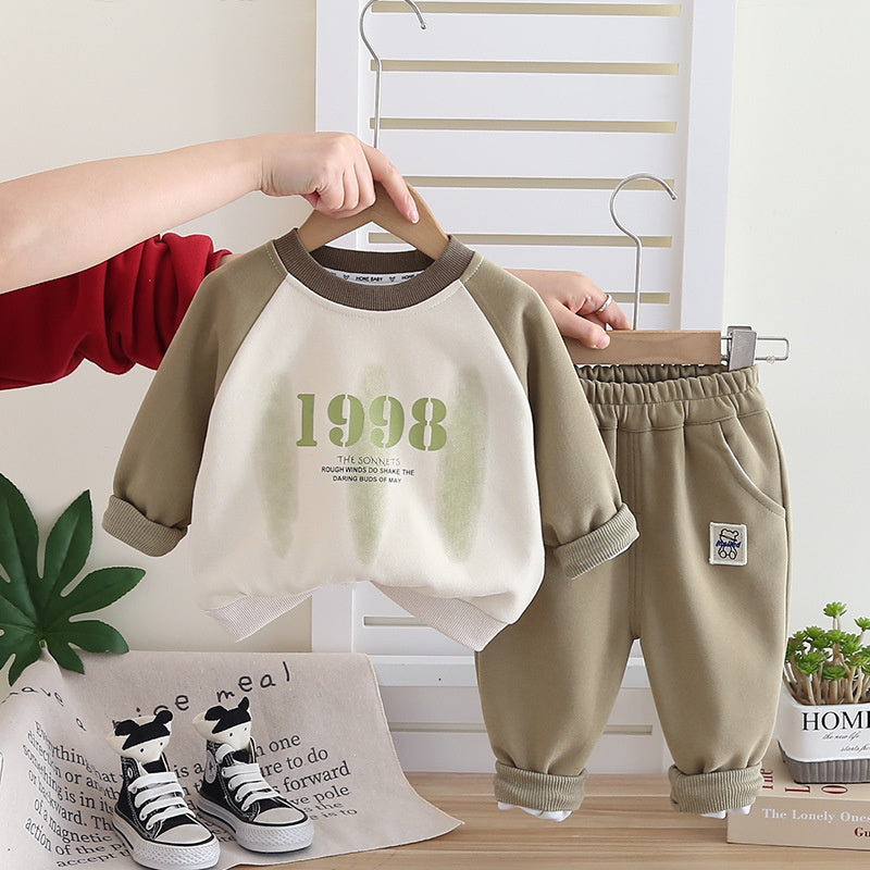 Boys' and Autumn 2025 New Baby Stylish Clothes Toddler Spring Color Block Raglan Sweatshirt Two-Piece Set Trendy