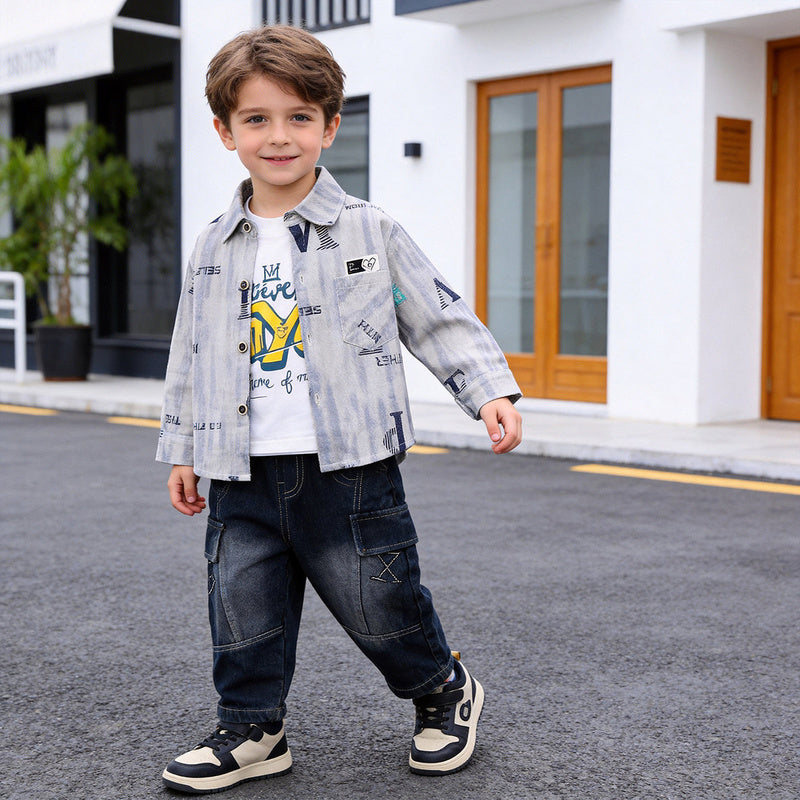 Boys' Autumn Casual Letter Print Three-Piece Set 2026 New Korean Style Stylish Baby Clothing Outfit Trendy
