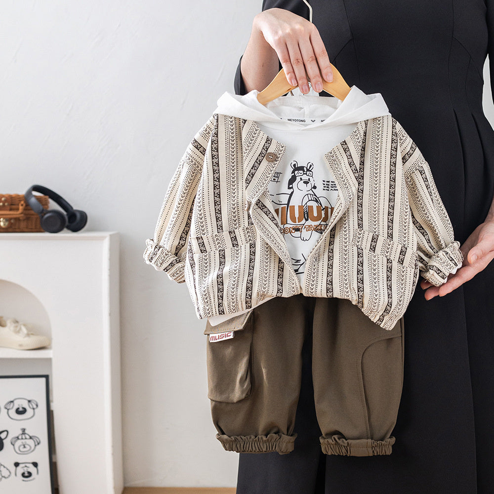 Boys' Outfit 2026 New Style Baby Boy Infant Children's Spring and Autumn Stylish Vertical Stripe Hooded Bear Cardigan Three-Piece Set