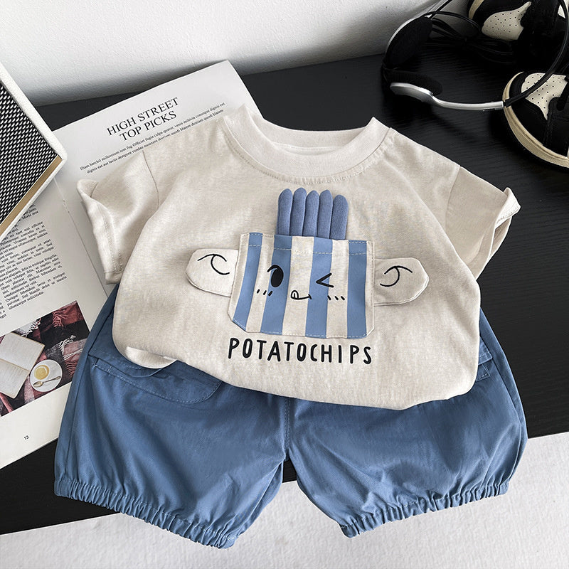 New stylish outfit for boys 2026, baby short-sleeve clothing, children's summer casual round-neck two-piece set, trendy