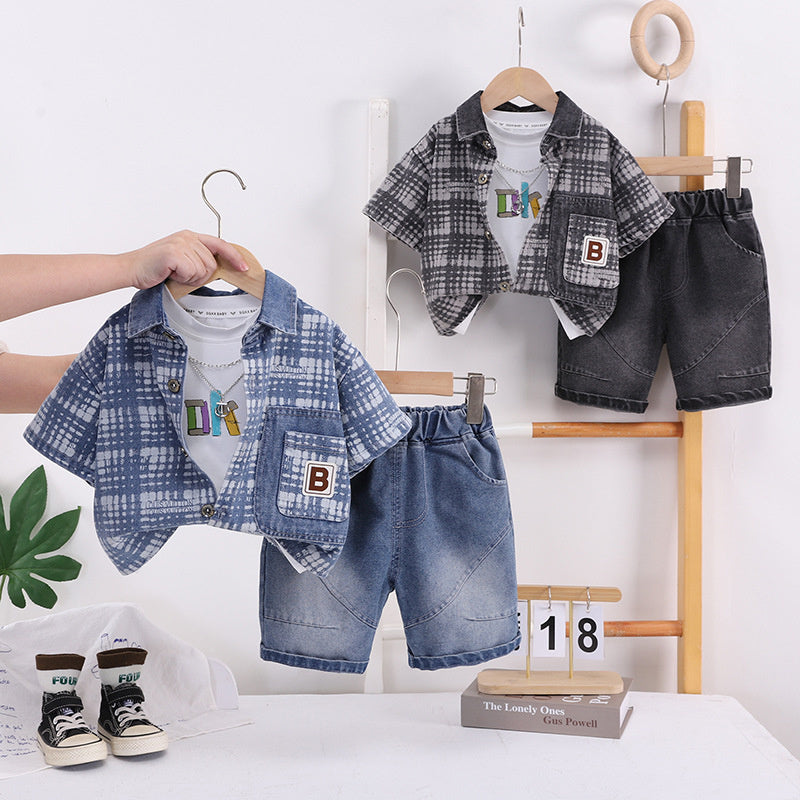 Boys' Denim Plaid Short Sleeve Suit, Stylish Children's Clothing, 2026 New Model, Trendy Summer Clothes for Young Children