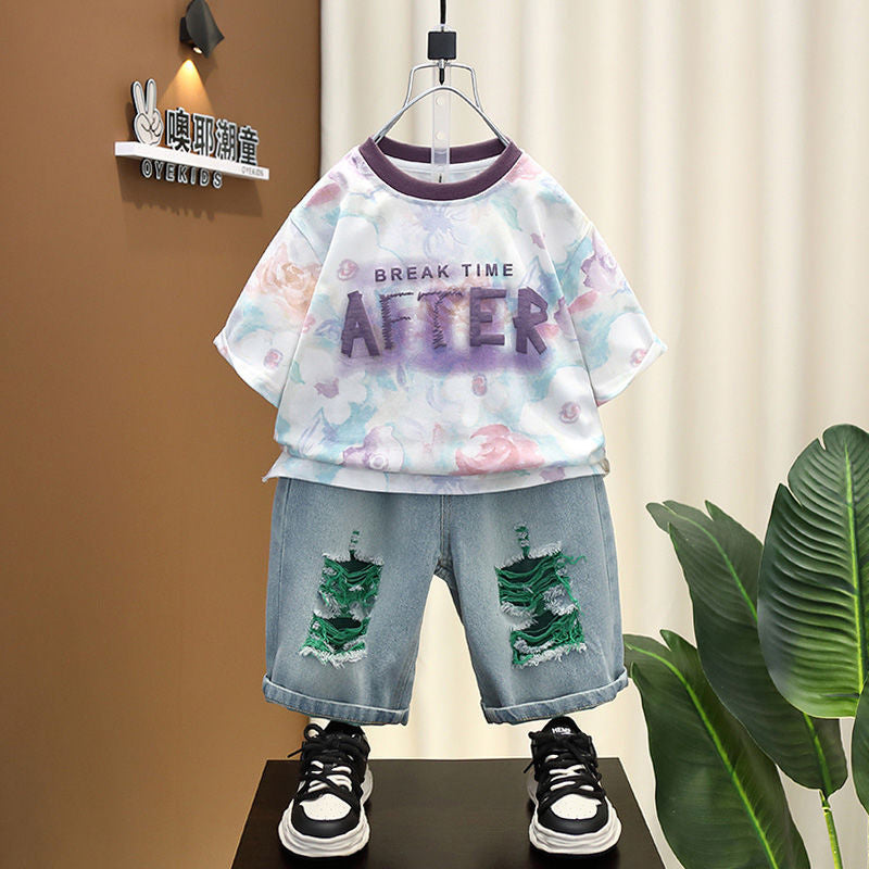 Boys' Short-Sleeve Outfit 2024 New Fashionable Children's Clothing Older Boys, Stylish Lightweight Two-Piece Set for Summer